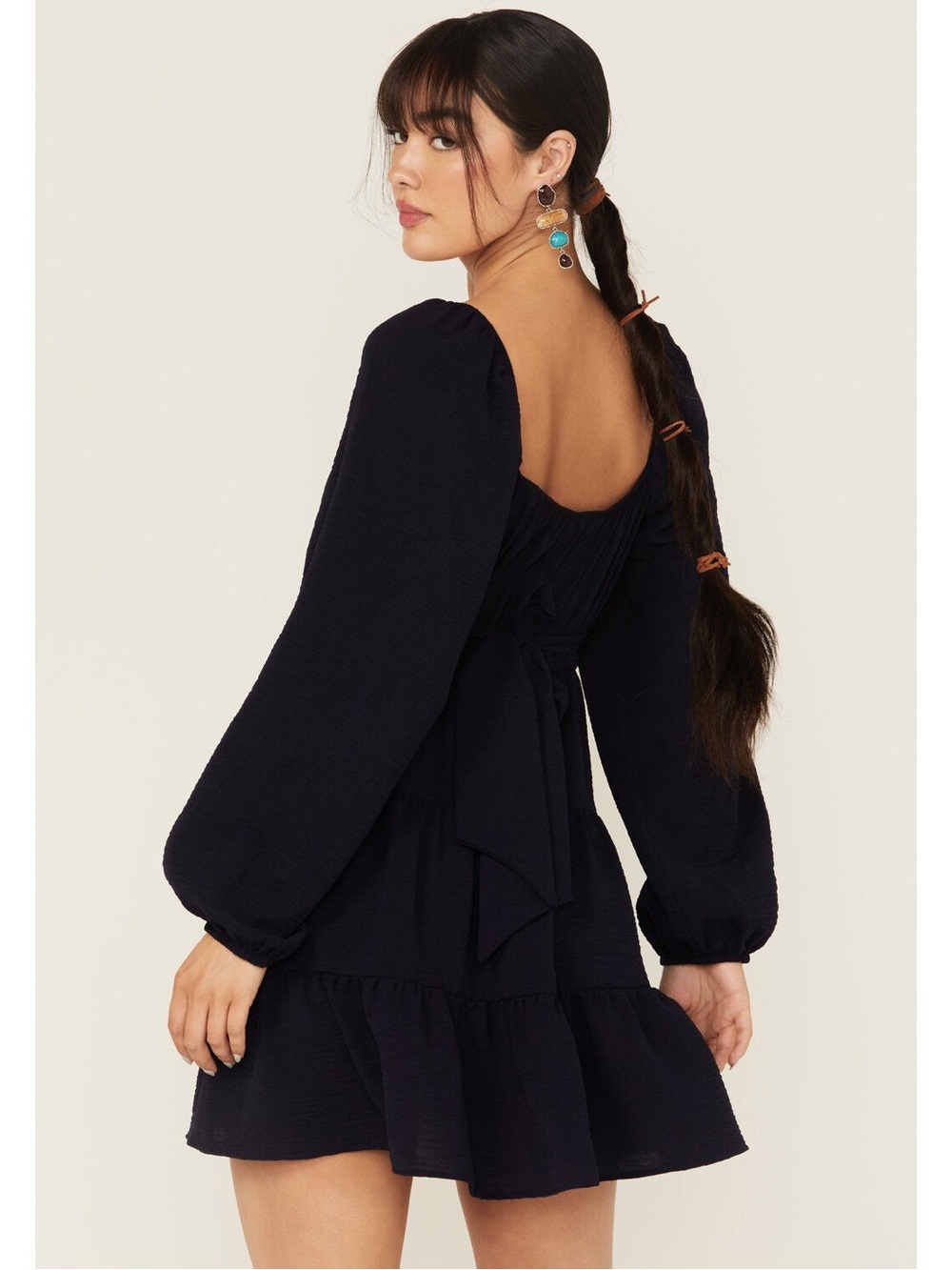 Altar’d State Black Long-Sleeve Mini Dress with Ruffle Skirt